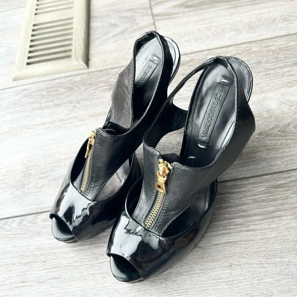 BCBGMAXAZRIA Black Patent Smooth Mixed Leather Peep Toe Pumps Full Leather